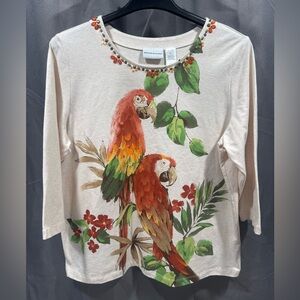 Alfred Dunner Cream 3/4 Sleeve Top with Colorful Parrot Design